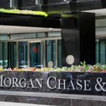 JPMorgan Chase headquarters building exterior with stock ticker graphic overlay