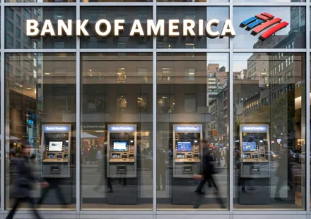 Bank of America branch facade showing ATMs behind glass, illustrating how the US banking system works for deposits and savings