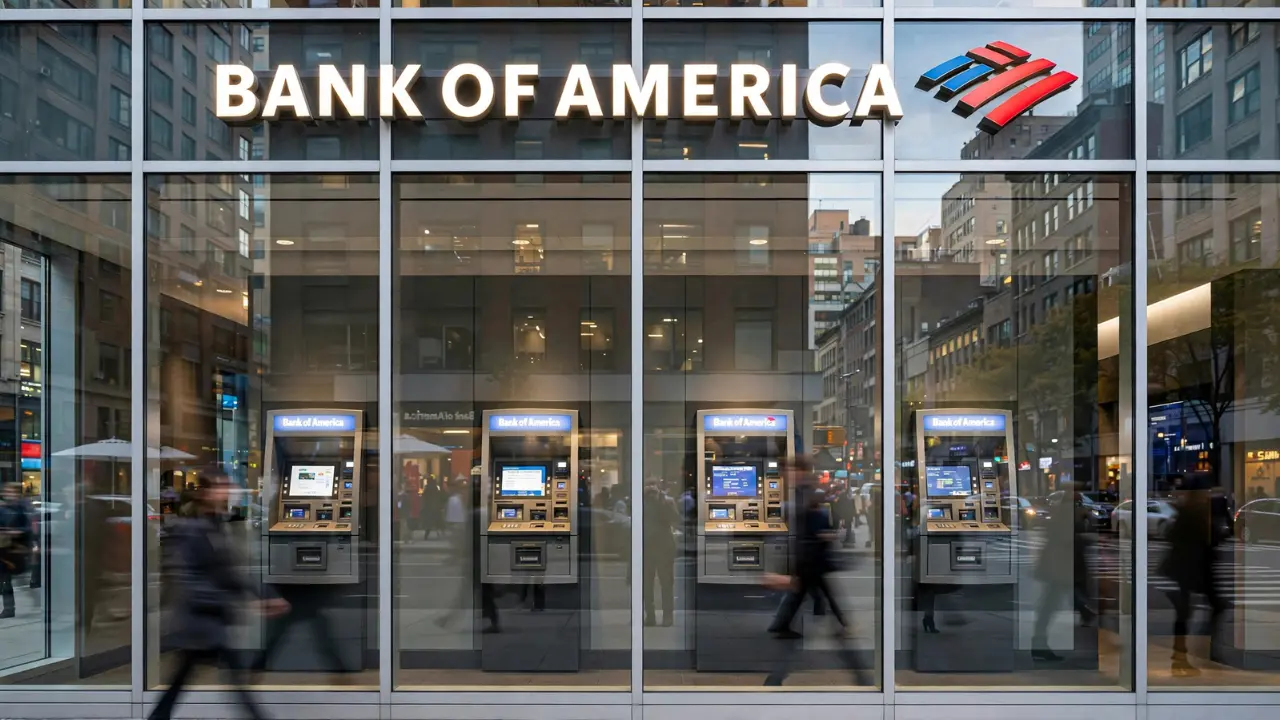 Bank of America branch facade showing ATMs behind glass, illustrating how the US banking system works for deposits and savings