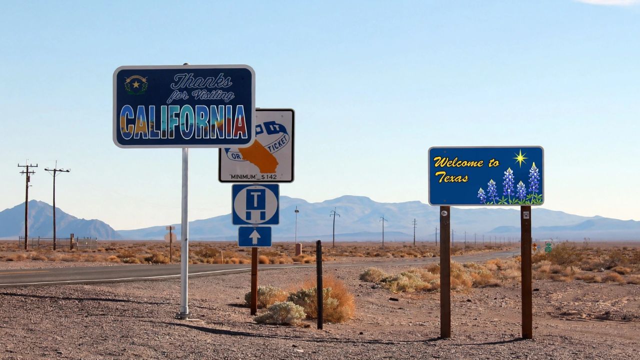 California and Texas highway signs illustrating a move between the states and potential RSU tax implications