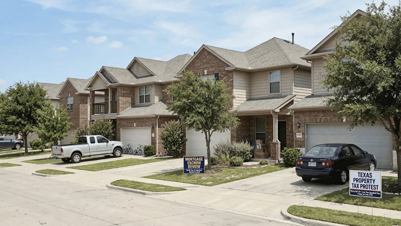 Texas homes with signs representing a property tax protest and mortgage escrow review