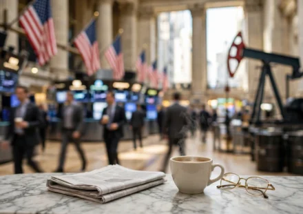 U.S. stock market screens showing the S&P 500, Nasdaq and Dow as oil prices and Treasury yields remain high